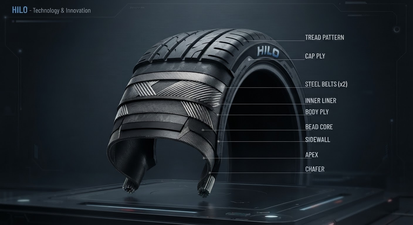 Cutaway view of a HILO tyre showing its internal construction