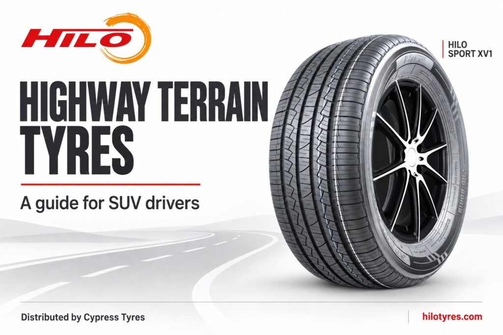 HILO SPORT XV1 tyre beside the title Highway Terrain Tyres, a guide for SUV drivers.