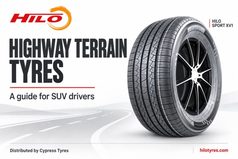 HILO SPORT XV1 tyre beside the title Highway Terrain Tyres, a guide for SUV drivers.