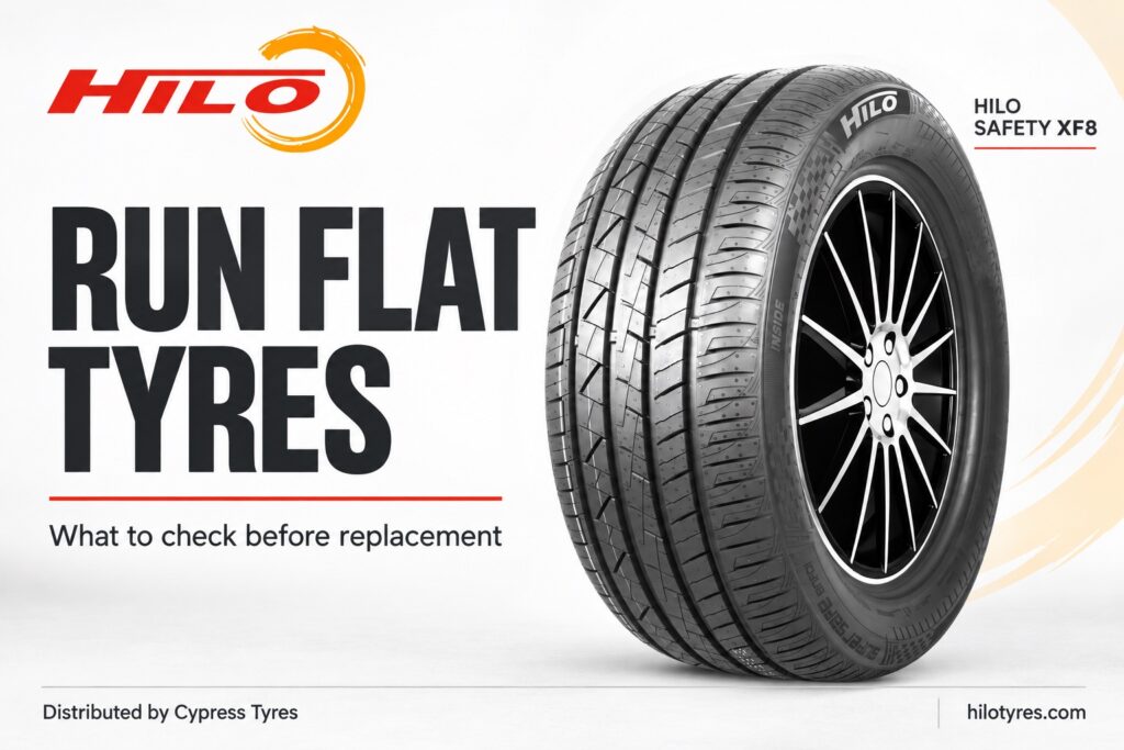 HILO SAFETY XF8 tyre beside the title Run Flat Tyres and replacement-check guidance.