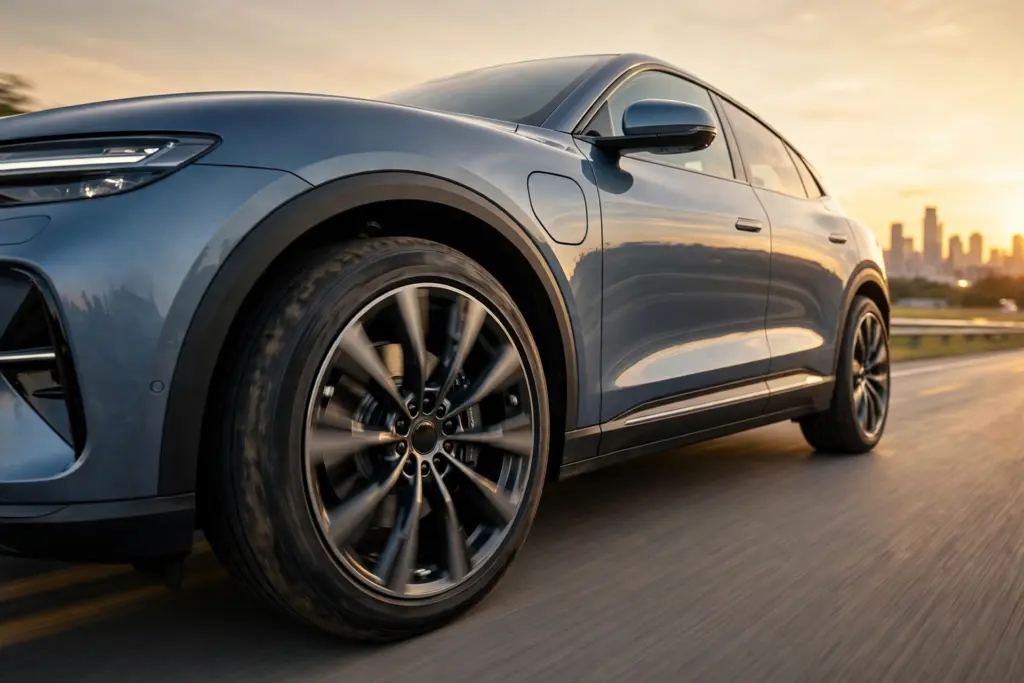 Electric SUV driving on a city road at sunset, close-up of the front wheel and tyre