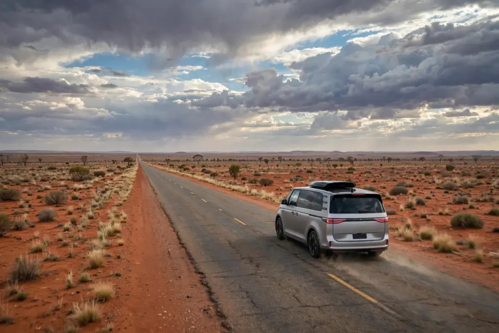 Silver electric van driving along an outback highway under a cloudy sky
